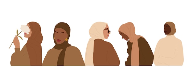 Vecteur un ensemble de portraits abstraits de femmes internationales en hijab. femme musulmane sans visage. illustration vectorielle minimaliste, isolée sur fond blanc