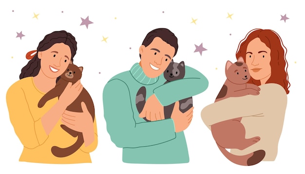Ensemble de portraits d'adorables propriétaires d'animaux et d'animaux domestiques mignons