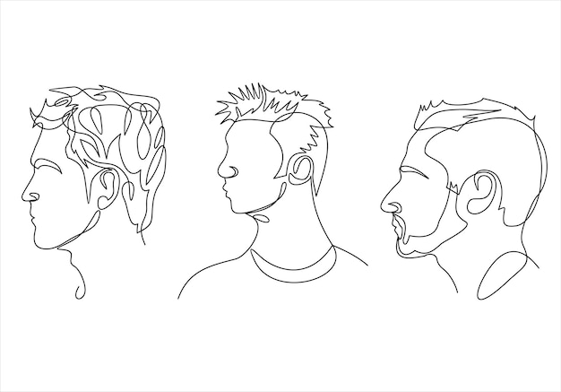 Ensemble De Portraits Masculins Abstraits, Vue Latérale. Illustration Vectorielle. Ligne Continue