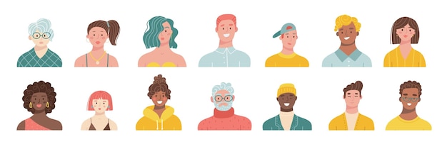 Vecteur ensemble de portraits de personnes de races différentes et d'avatars d'âge d'hommes et de femmes vecteur dessin à main plate