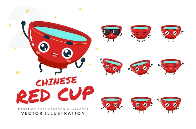 Ensemble De Poses De Dessin Animé De Coupe Rouge Chinoise.