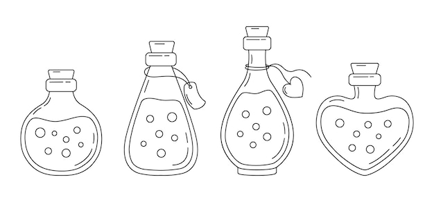 Vecteur ensemble de potions magiques dessinées à la main dans le style de ligne isolé sur fond blanc élixirs de doodle contour