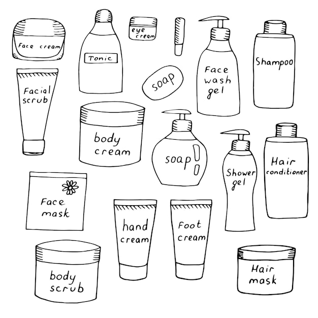 Ensemble De Pots Avec Cosmétiques De Soin, Crèmes Et Gommages Pour Le Visage, Le Corps, Les Mains Et Les Pieds, Shampoing Et Baume Pour Les Cheveux, Illustration Vectorielle, Croquis