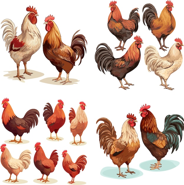 Ensemble de poules et de coqs isolés sur fond blanc illustration vectorielle réaliste détaillée