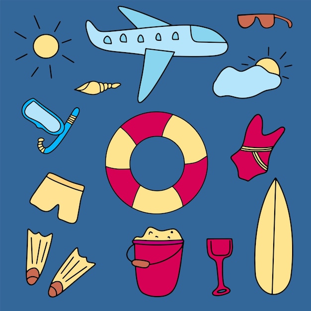 Un ensemble pour un voyage d'été dessiné à la main dans des griffonnages Illustrations vectorielles plates sur fond bleu