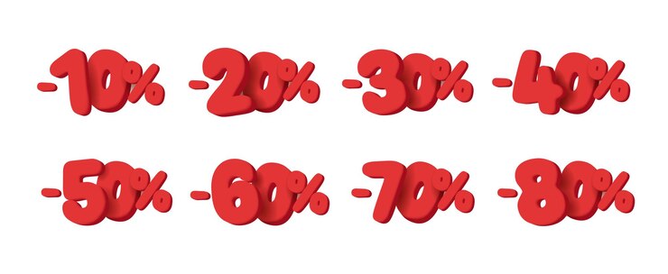Ensemble de pourcentage de vente d nombres rouges formes arrondies style de rendu de dessin animé
