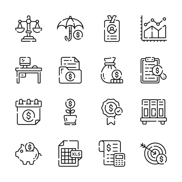 Un ensemble pratique d'icônes de lignes montrant les services de comptabilité et la planification financière