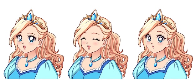 Un Ensemble De Princesse Anime Mignonne Avec Différentes Expressions Cheveux Blonds Grands Yeux Bleus Robe Bleue Illustration Vectorielle Anime Rétro Dessinés à La Main Peut être Utilisé Pour Les Autocollants D'avatar Badges Imprime Etc.