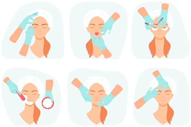 Ensemble de procédures de cosmétologieSoins de la peauCorrection des sourcils et des cilsIllustration vectorielle dans un style plat