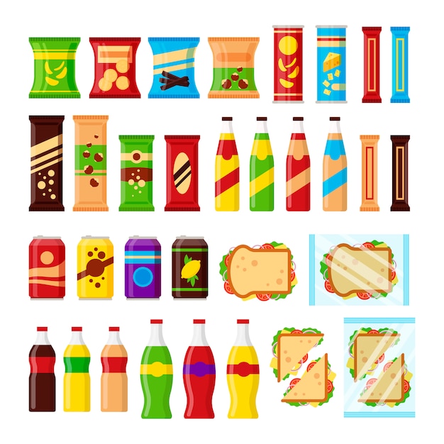 Ensemble De Produits De Collation Pour Distributeur Automatique. Collations De Restauration Rapide, Boissons, Noix, Chips, Cracker, Jus, Sandwich Pour La Barre De Machine Du Vendeur Isolé Sur Fond Blanc. Illustration Plate Dans