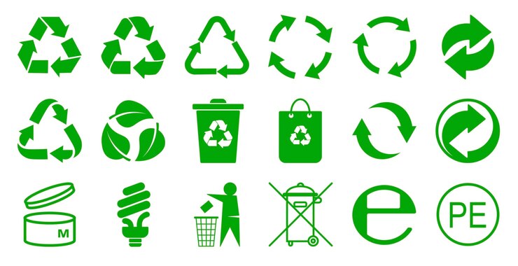 Vecteur ensemble de produits d'emballage symbole de conception couleur verte recyclage et signe de recyclage isolé sur fond blanc