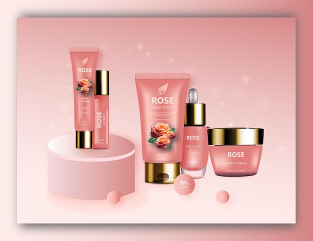Ensemble de produits de soins de la peau à la rose, ensemble de cosmétiques de soins de beauté et bannière promotionnelle cosmétique