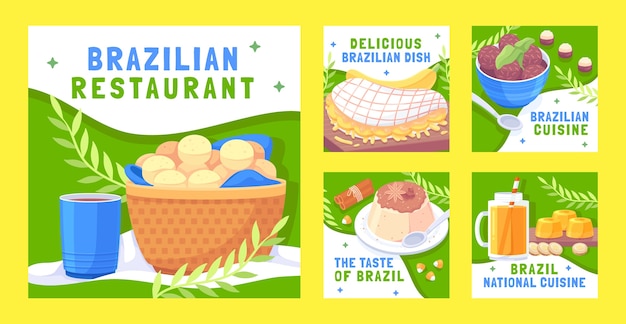 Vecteur ensemble de publication instagram de restaurant brésilien dessiné à la main