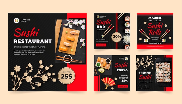 Vecteur ensemble de publication instagram de restaurant japonais