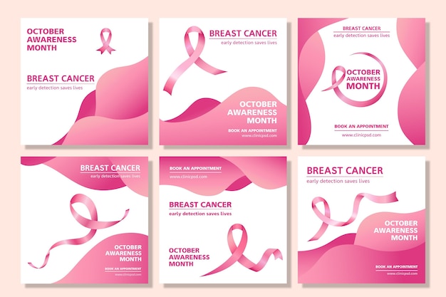 Vecteur ensemble de publications instagram sur le cancer du sein