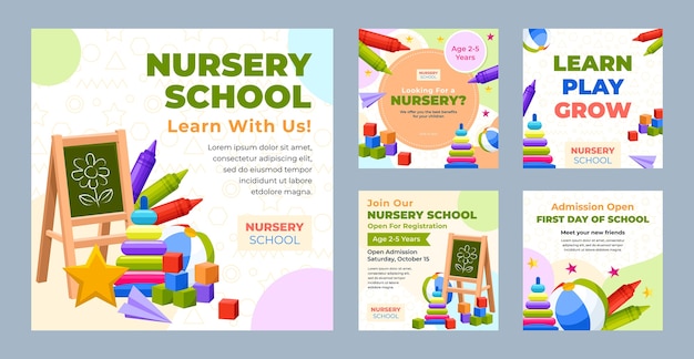 Ensemble de publications instagram de l'école maternelle design plat