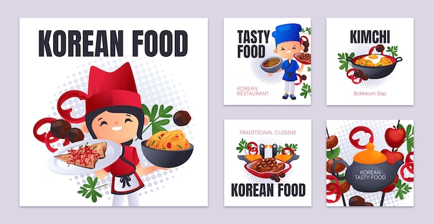 Vecteur ensemble de publications instagram de restaurant coréen dégradé