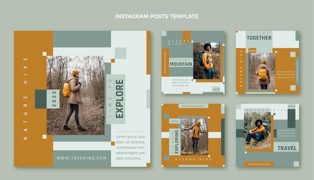 Vecteur ensemble de publications instagram de trekking au design plat