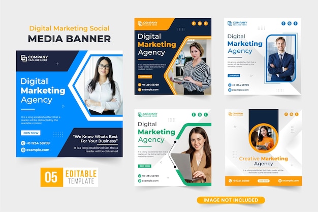 Ensemble de publications sur les médias sociaux de publicité commerciale avec des couleurs bleues et jaunes Bannière Web d'entreprise et collection de modèles de marketing numérique avec des formes créatives Modèle de mise en page publicitaire modifiable