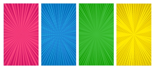 Ensemble de quatre arrière-plans de pages de bande dessinée dans un style pop art avec espace vide Modèle avec points de rayons et texture effet demi-teinte Illustration vectorielle