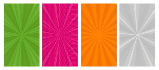 Ensemble de quatre arrière-plans de pages de bande dessinée dans un style pop art avec un espace vide Modèle avec des points de rayons et une texture d'effet de demi-teinte Illustration vectorielle
