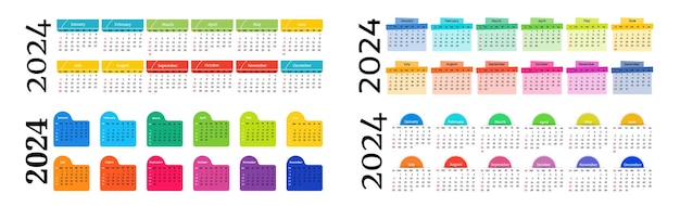 Ensemble De Quatre Calendriers Horizontaux Pour 2024 Isolés Sur Fond Blanc Du Dimanche Au Lundi Modèle D'affaires Illustration Vectorielle