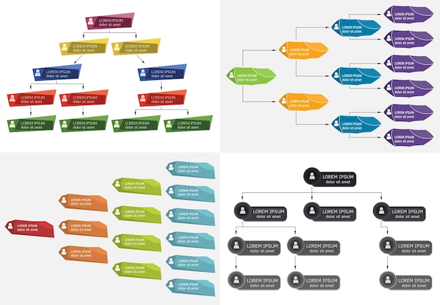 Vecteur ensemble de quatre concept de structure d'entreprise coloré schéma d'organigramme d'entreprise avec des icônes de personnes illustration vectoriellexa