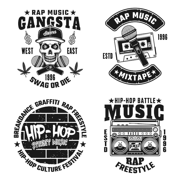 Ensemble De Quatre Emblèmes, étiquettes, Badges Ou Logos Monochromes Vectoriels Rap Et Hip-hop Isolés Sur Fond Blanc