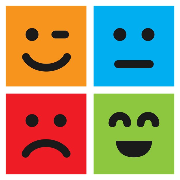 Ensemble de quatre émoticônes colorées avec des visages souriants, clignotants et insatisfaits. Icône Emoji en carré. Motif de fond plat. Illustration vectorielle