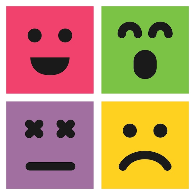 Ensemble de quatre émoticônes colorées avec des visages souriants surpris et insatisfaits Icône Emoji dans un motif de fond plat carré Illustration vectorielle