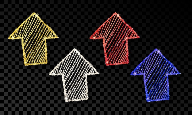 Ensemble de quatre flèches dessinées à la main doodle avec effet de paillettes bleu et rouge argenté doré sur fond transparent foncé Illustration vectorielle