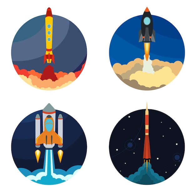 Ensemble De Quatre Illustrations Avec Lancement De Fusée Spatiale Illustration Vectoriellexa