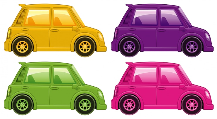 Vecteur ensemble de quatre images de voiture en quatre couleurs différentes