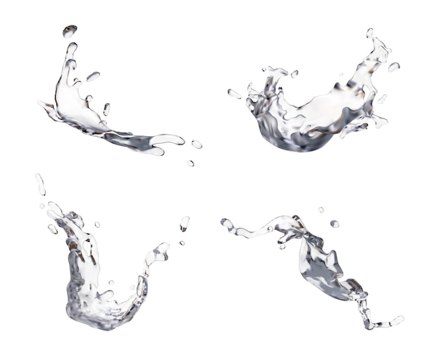 Ensemble de quatre liquides d'éclaboussure différents volant sur fond blanc