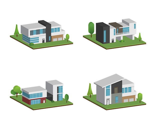 Ensemble de quatre maisons isométriques et 3D et conception de maisons modernes.