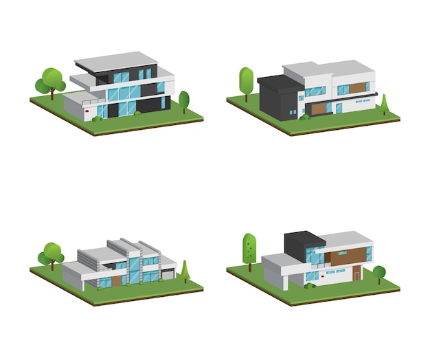Ensemble de quatre maisons isométriques et 3D et conception de maisons modernes.