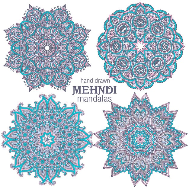 Ensemble De Quatre Mandalas De Conception De Dentelle Ronde Vecteur Abstrait, éléments Décoratifs.