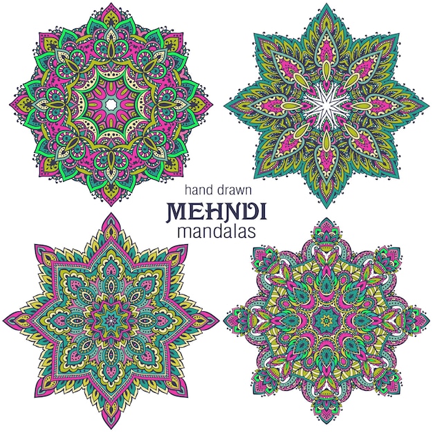 Vecteur ensemble de quatre mandalas ronds, éléments décoratifs. style mehndi, ornement oriental traditionnel.