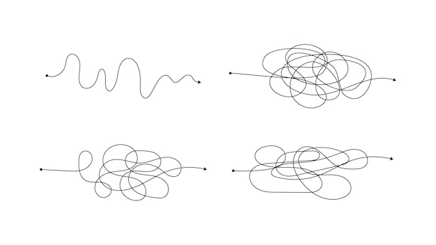 Ensemble De Quatre Mauvais Sens Complexes Avec Des Lignes En Désordre. Lignes Noires Avec Un Point De Départ Et Une Flèche à La Fin Isolées Sur Fond Blanc. Illustration Vectorielle