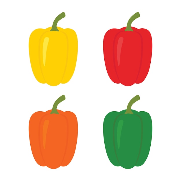 Vecteur ensemble de quatre poivrons. poivron jaune, rouge, orange et vert. illustration isolé sur fond blanc.