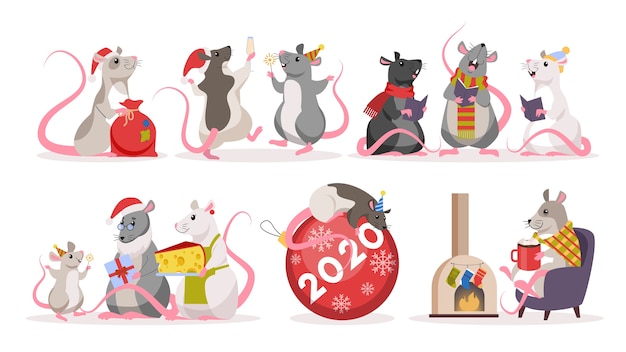 Ensemble De Rat De Noël Mignon. Personnage Animal En Chapeau De Père Noël. 2020 Année Du Rat. Illustration Avec Style