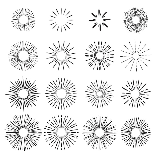 Ensemble de rayons de soleil dessinés à la main
