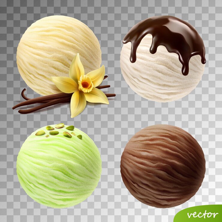 Vecteur ensemble réaliste de boules de crème glacée (fleur et bâtons de vanille, pistaches, chocolat coulant)