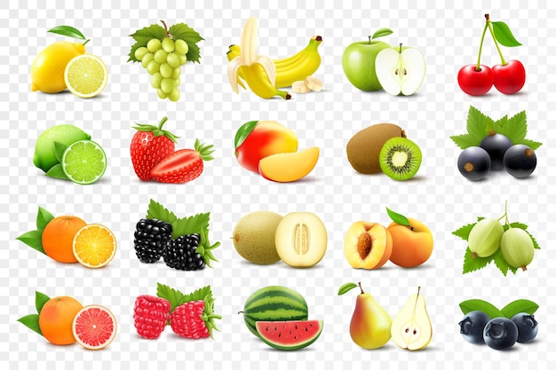 Ensemble réaliste de divers types de fruits à l'orange kiwi poire citron raisins fraises groseilles pêche lime pamplemousse appl isolé sur fond transparent illustration vectorielle 3d