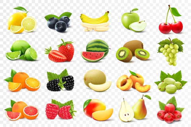 Ensemble réaliste de divers types de fruits à l'orange kiwi poire citron raisins fraises groseilles pêche lime pamplemousse appl isolé sur fond transparent illustration vectorielle 3d