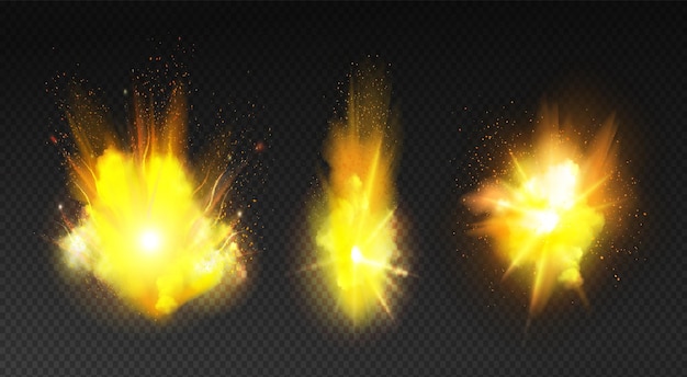 Vecteur ensemble réaliste d'explosion de feu avec des éclairs de lumière isolés avec des nuages de fumée sur fond transparent illustration