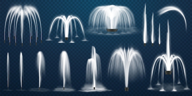 Vecteur ensemble réaliste de jets d'eau de fontaines et flux blanc de fontaine d sur transparent
