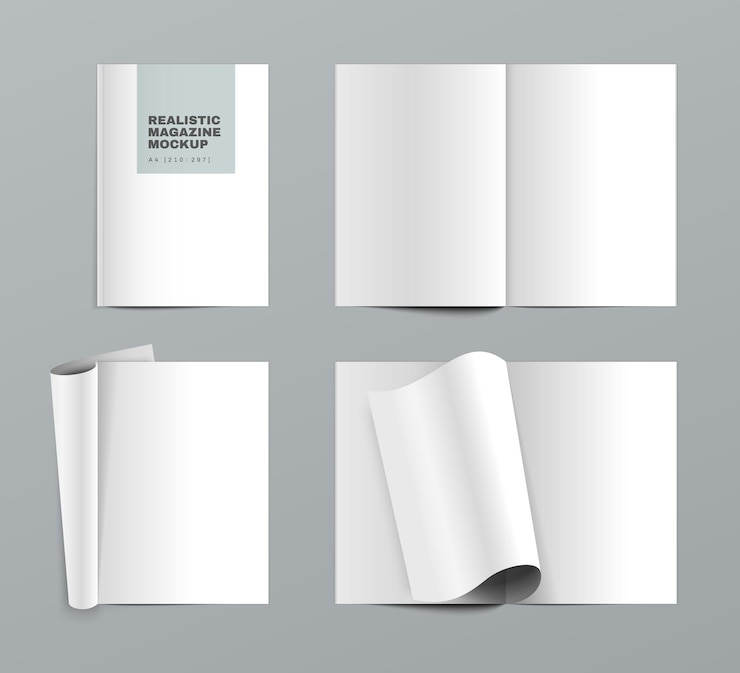 Vecteur ensemble réaliste de magazine avec des feuilles de papier blanc ouvertes vierges