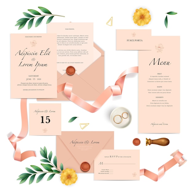 Ensemble Réaliste De Modèles D'invitation De Mariage Rose Avec Joint De Texte Et Anneaux Isolés