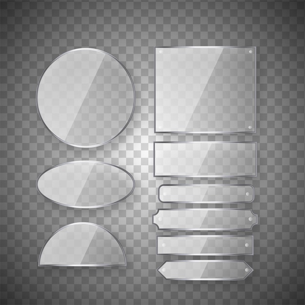Un ensemble réaliste de plaques de verre transparentes, des cadres brillants en blanc isolés sur le fond
